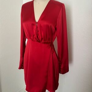 Zara Red Satin Wrap Dress with Buttons Size M